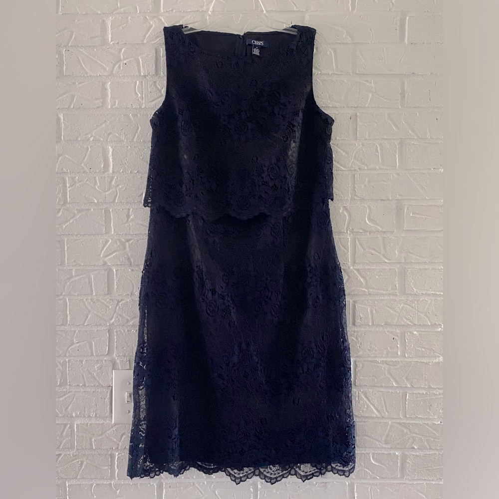 Chaps Navy Lace Sleeveless Sheath Dress Cocktail Preppy